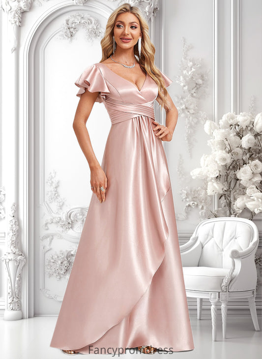 Clare A-line V-Neck Floor-Length Stretch Satin Bridesmaid Dress With Ruffle DRP0025787