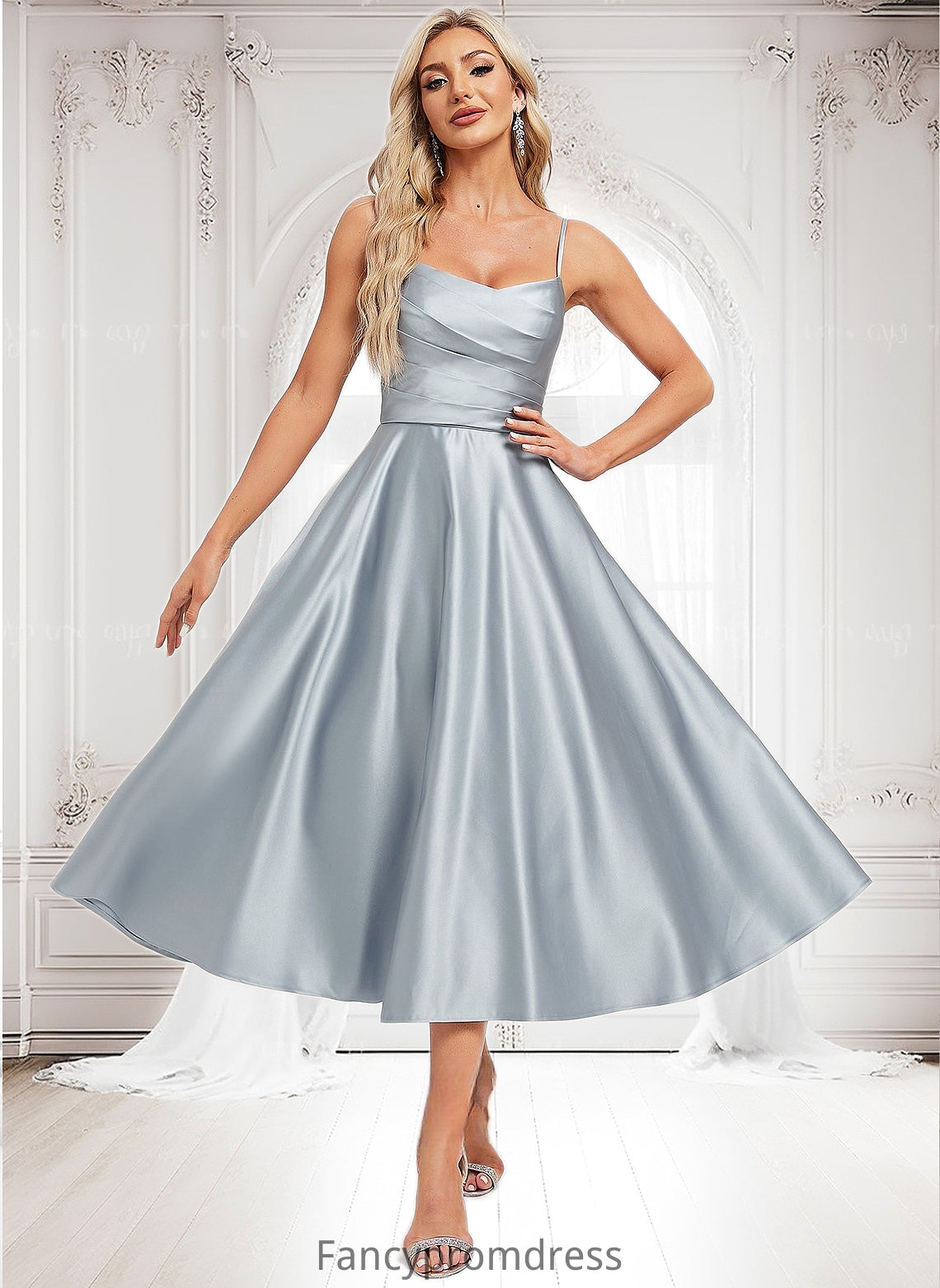 Karina A-line V-Neck Tea-Length Satin Bridesmaid Dress DRP0025794