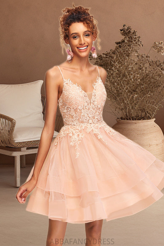 Deja A-line V-Neck Short/Mini Lace Tulle Homecoming Dress DRP0020524