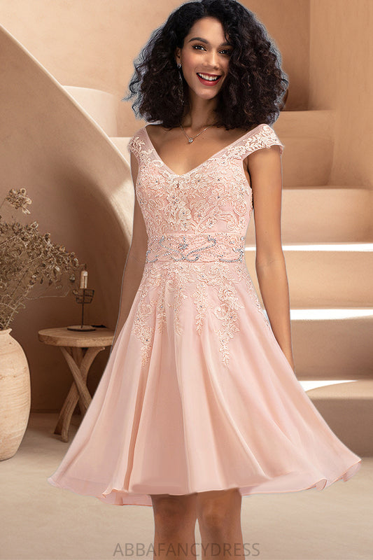 Nicola A-line V-Neck Knee-Length Chiffon Lace Homecoming Dress With Beading DRP0020565