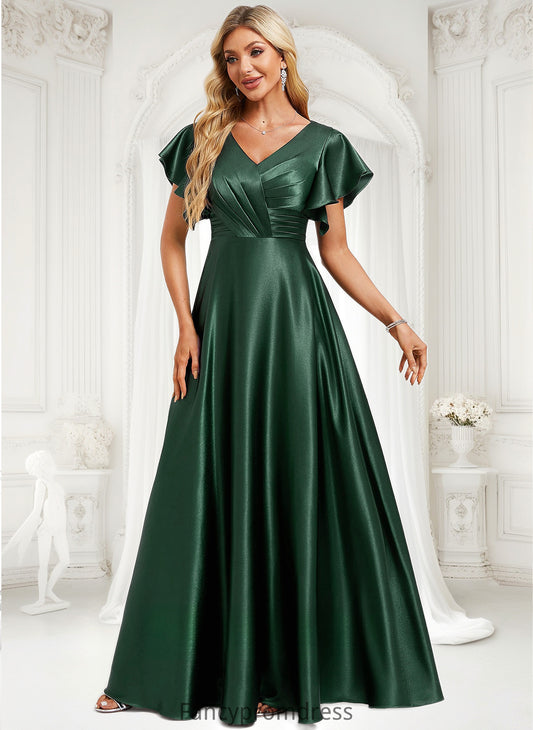 Whitney A-line V-Neck Floor-Length Stretch Satin Bridesmaid Dress With Ruffle DRP0025773