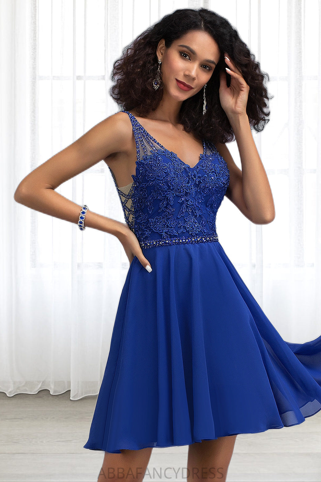 Shyanne A-line V-Neck Short/Mini Chiffon Lace Homecoming Dress With Beading DRP0020563