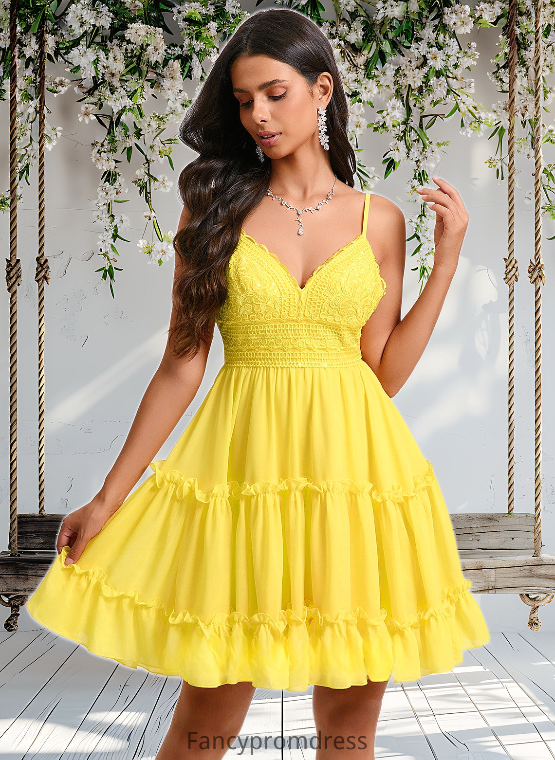 Nadine A-line V-Neck Short Chiffon Homecoming Dress With Ruffle Sequins DRP0025700