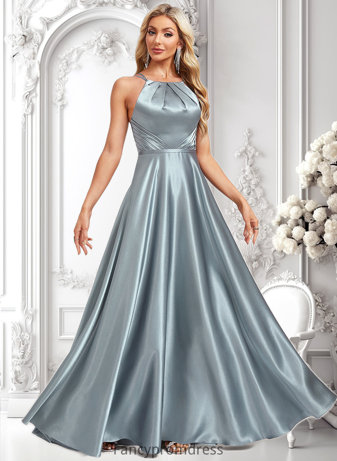 Ryan A-line Halter Floor-Length Stretch Satin Bridesmaid Dress DRP0025783