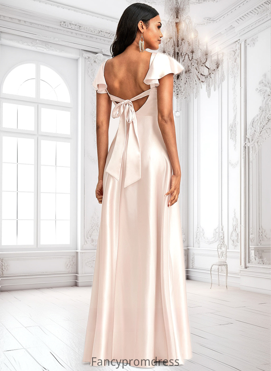 Stephanie A-line V-Neck Floor-Length Stretch Satin Bridesmaid Dress With Bow DRP0025759