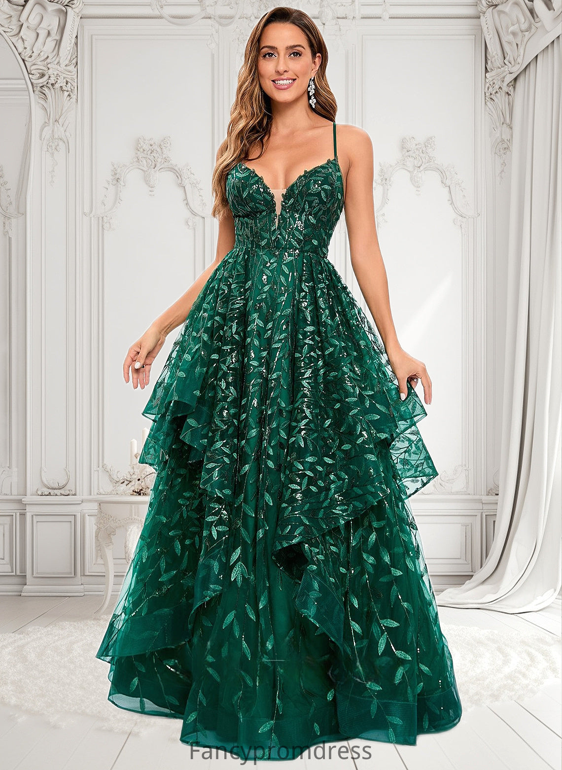 Tess Ball-Gown/Princess V-Neck Floor-Length Lace Floral Prom Dresses With Sequins DRP0025838