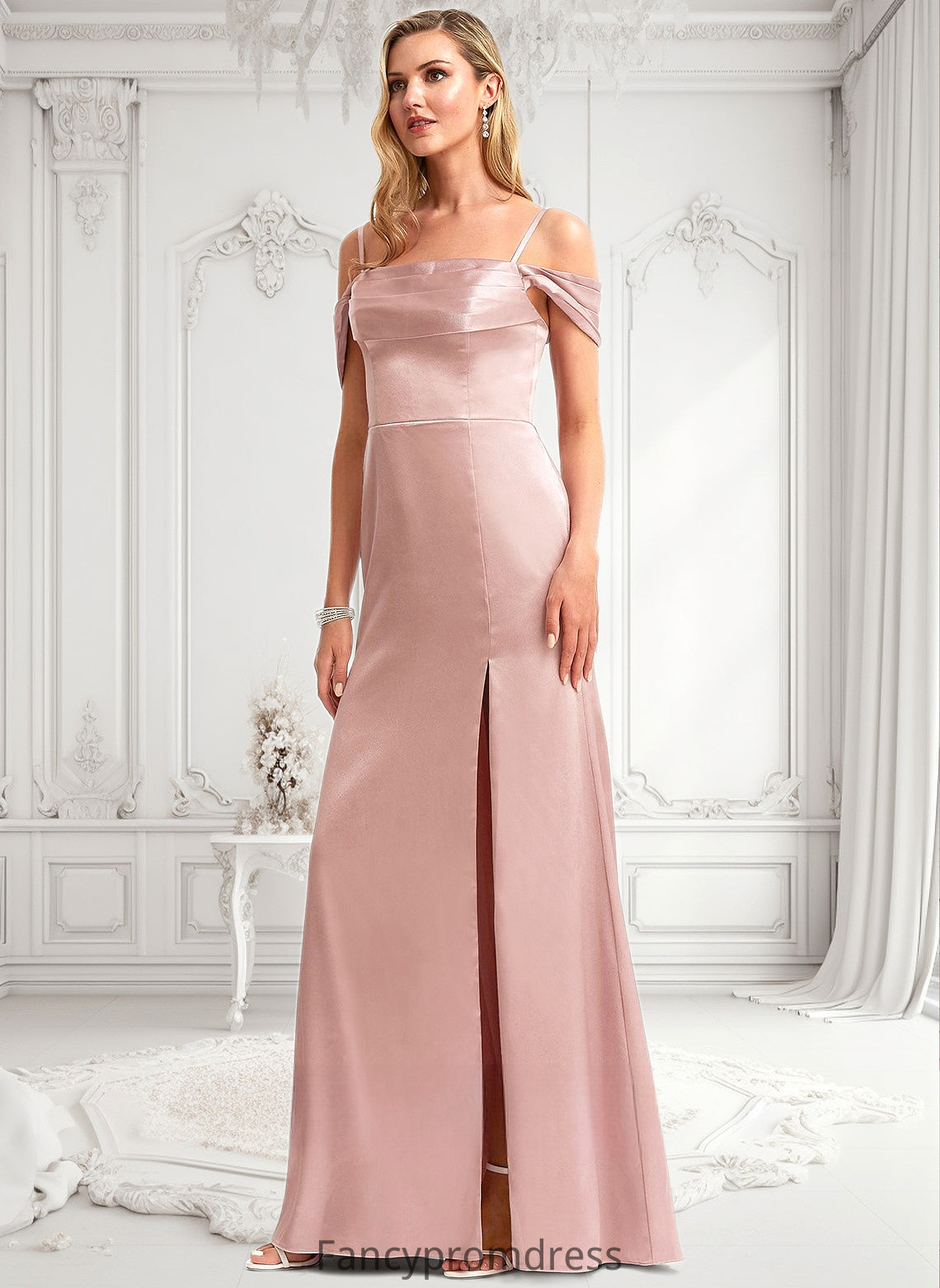 Beryl A-line Cold Shoulder Floor-Length Stretch Satin Bridesmaid Dress DRP0025747