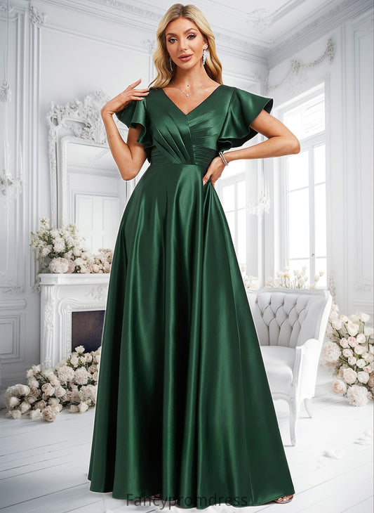 Selina A-line V-Neck Floor-Length Satin Bridesmaid Dress With Ruffle DRP0025777