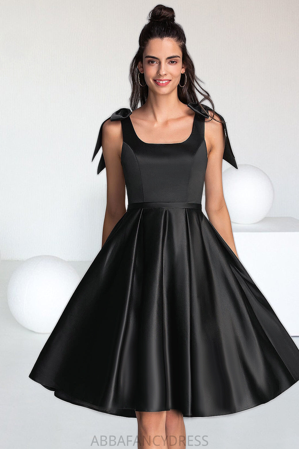 Addison A-line Square Knee-Length Satin Homecoming Dress With Bow DRP0020556