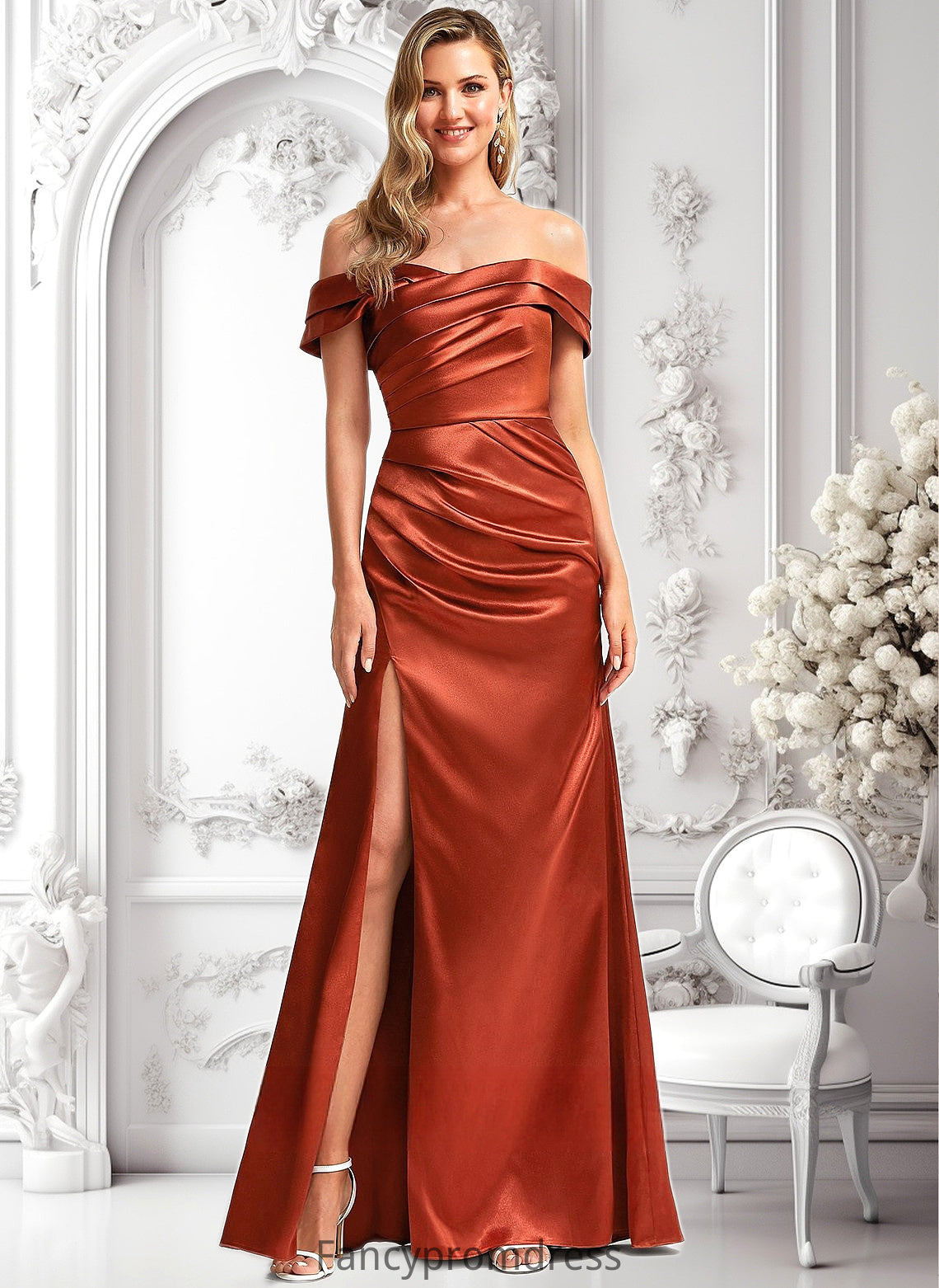 Melody A-line Off the Shoulder Floor-Length Stretch Satin Bridesmaid Dress DRP0025757