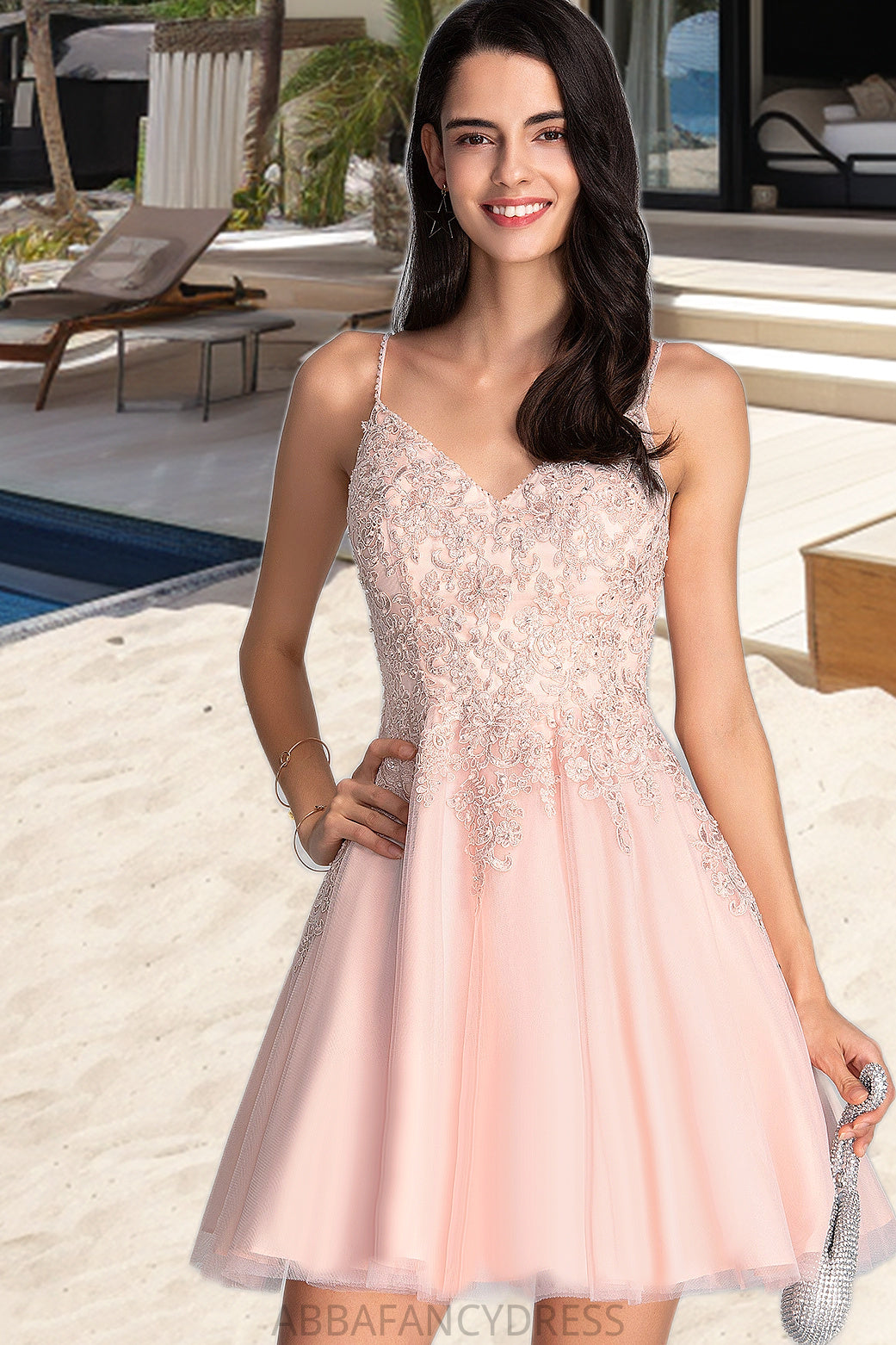 Hazel A-line V-Neck Short/Mini Tulle Homecoming Dress With Beading DRP0020538