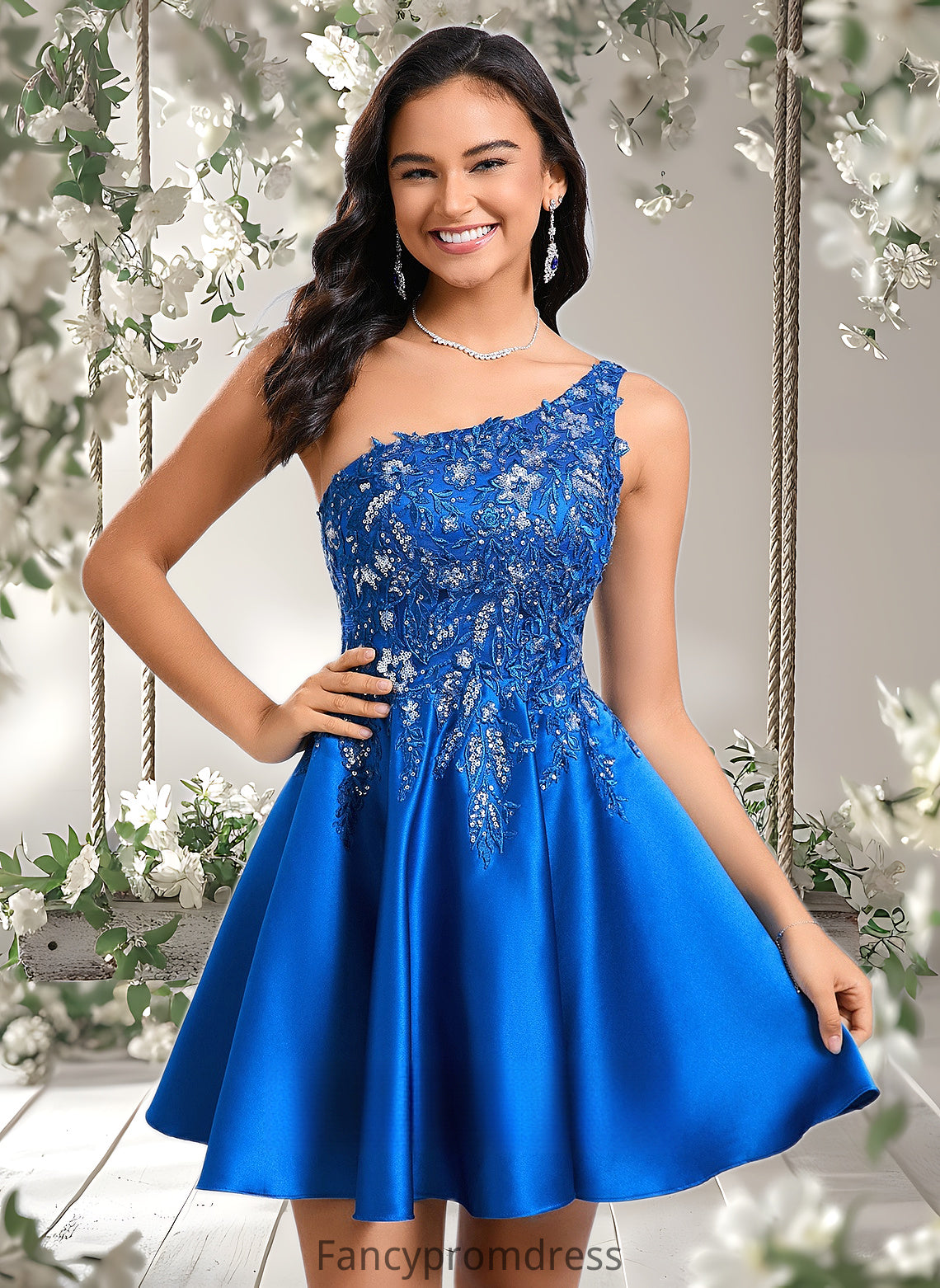 Mikayla A-line One Shoulder Short Satin Homecoming Dress With Appliques Lace Sequins DRP0025657