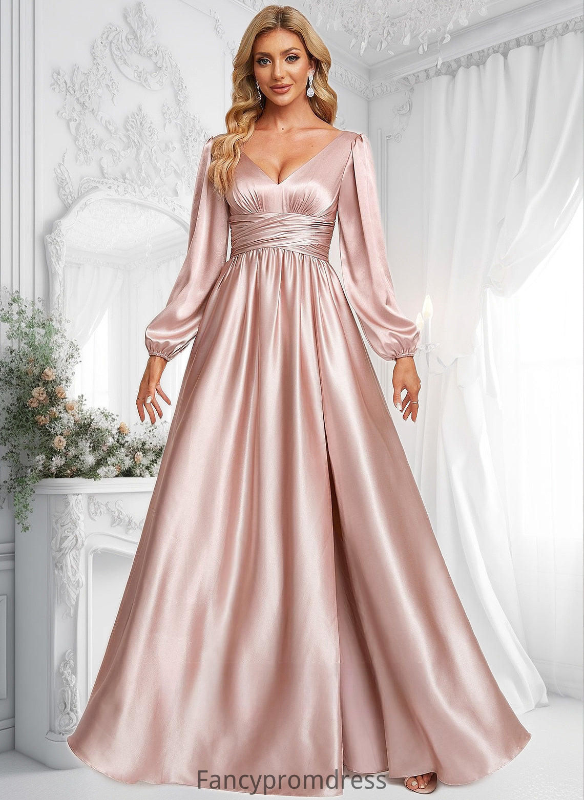 Robin A-line V-Neck Floor-Length Stretch Satin Prom Dresses DRP0025880