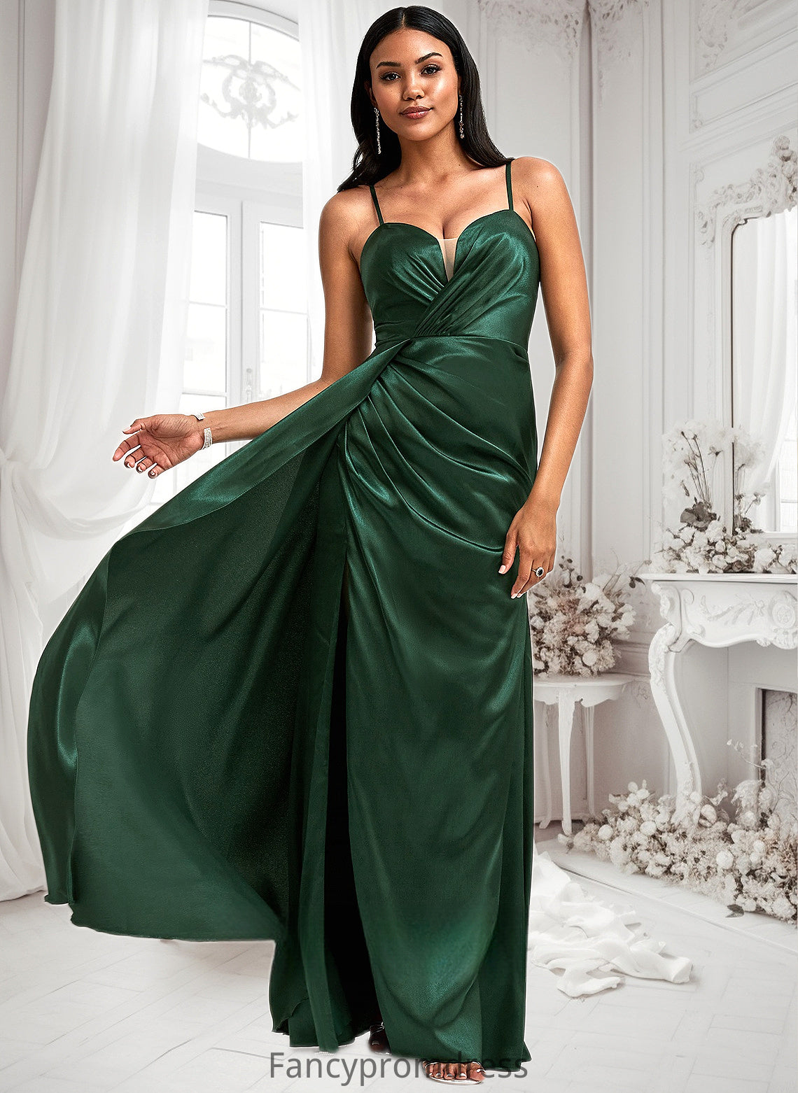 Kaia A-line V-Neck Floor-Length Stretch Satin Bridesmaid Dress DRP0025745