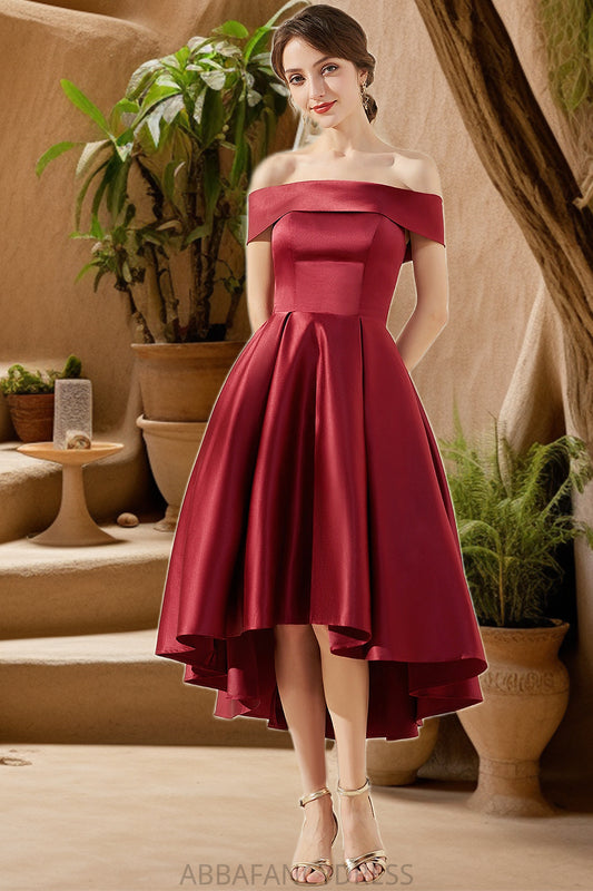 Yasmine A-line Off the Shoulder Asymmetrical Satin Homecoming Dress DRP0020532