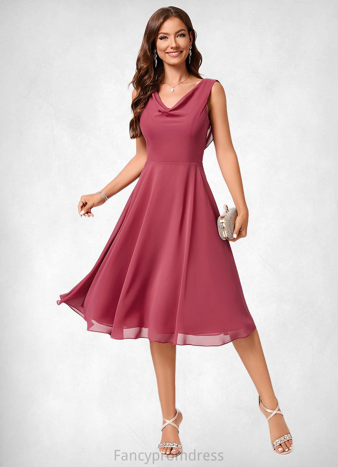 Allison A-line Cowl Knee-Length Chiffon Cocktail Dress With Ruffle DRP0022232