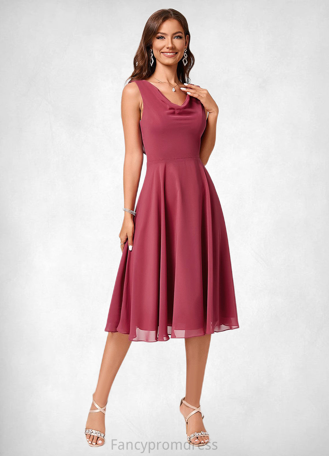 Allison A-line Cowl Knee-Length Chiffon Cocktail Dress With Ruffle DRP0022232