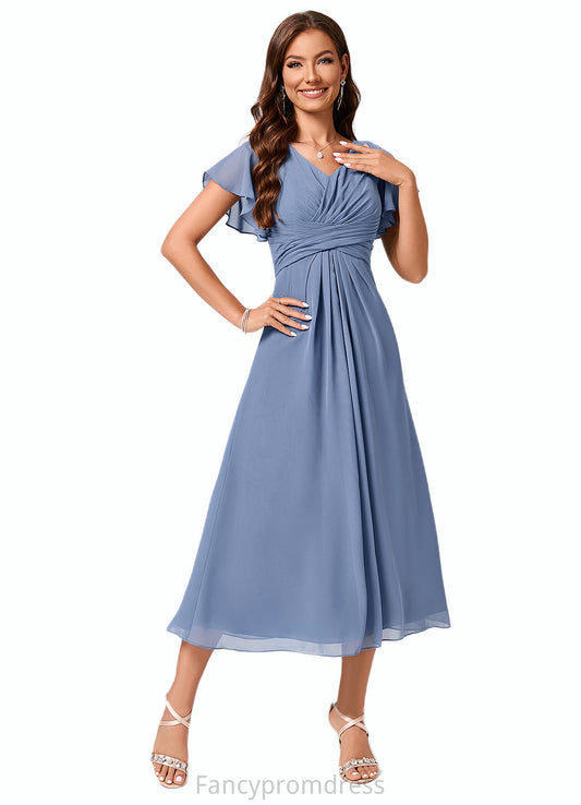 Elianna A-line V-Neck Tea-Length Chiffon Cocktail Dress With Ruffle DRP0022233