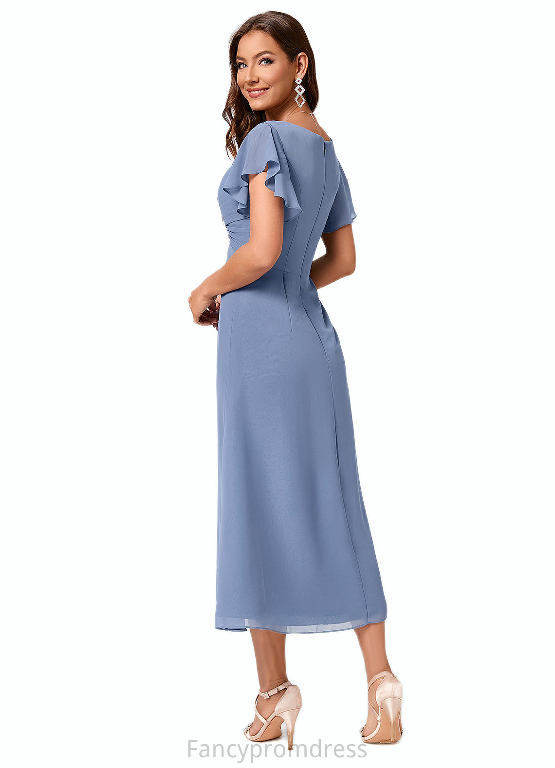 Elianna A-line V-Neck Tea-Length Chiffon Cocktail Dress With Ruffle DRP0022233