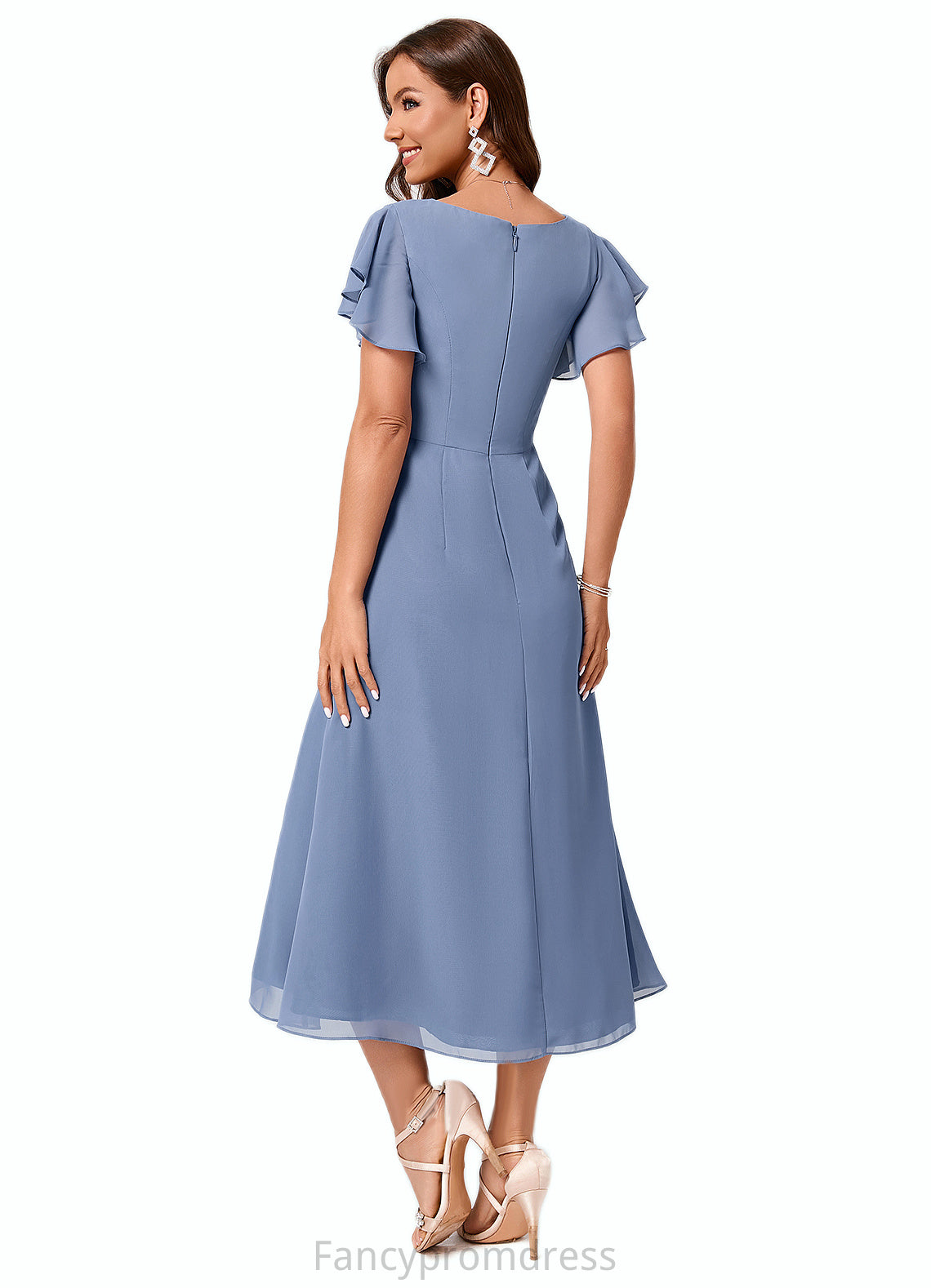 Elianna A-line V-Neck Tea-Length Chiffon Cocktail Dress With Ruffle DRP0022233