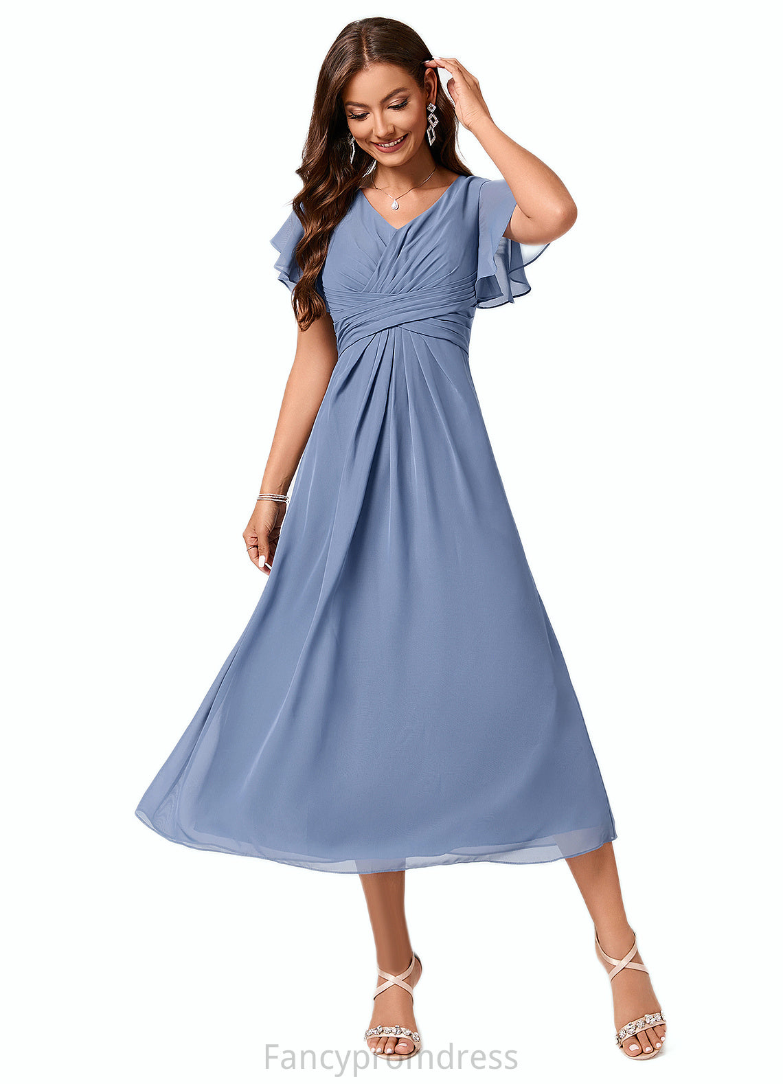 Elianna A-line V-Neck Tea-Length Chiffon Cocktail Dress With Ruffle DRP0022233