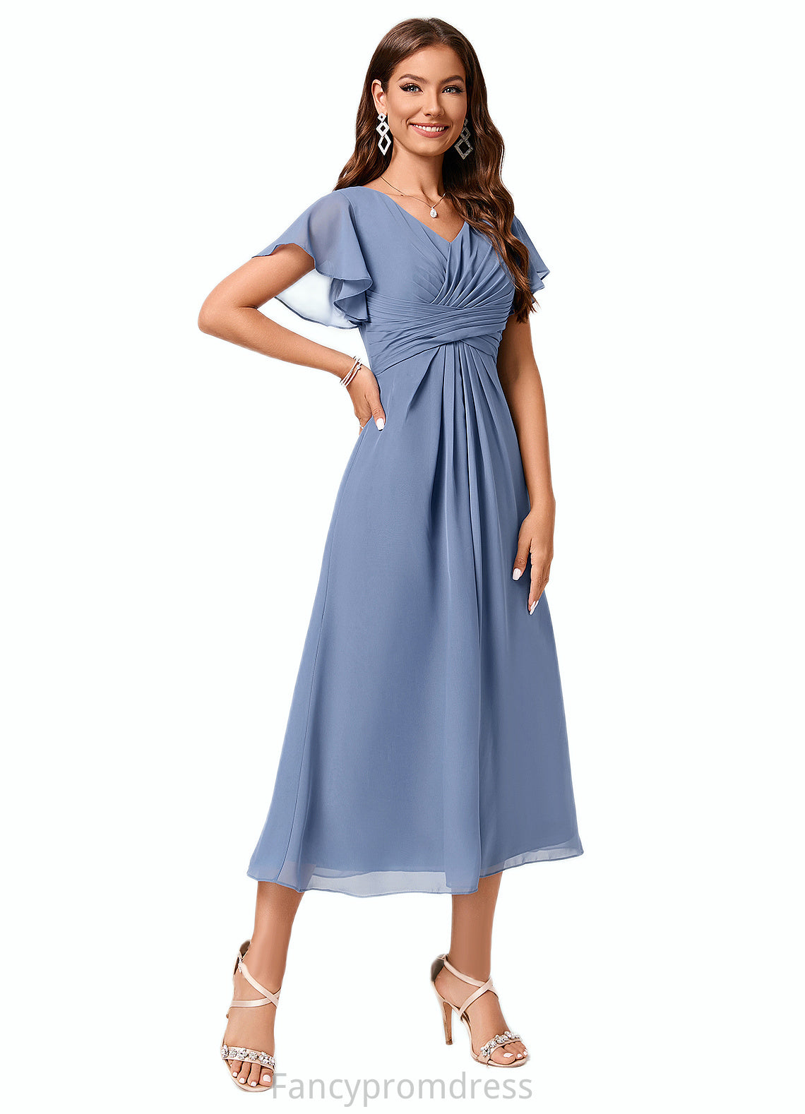 Elianna A-line V-Neck Tea-Length Chiffon Cocktail Dress With Ruffle DRP0022233