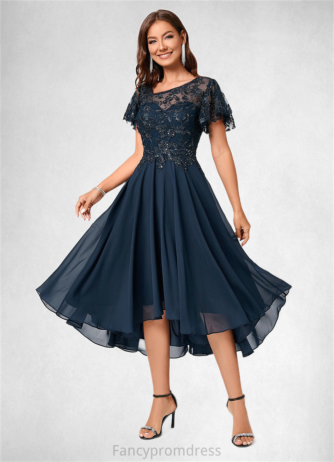 Lauretta A-line Asymmetrical Asymmetrical Chiffon Lace Cocktail Dress With Ruffle Sequins DRP0022235