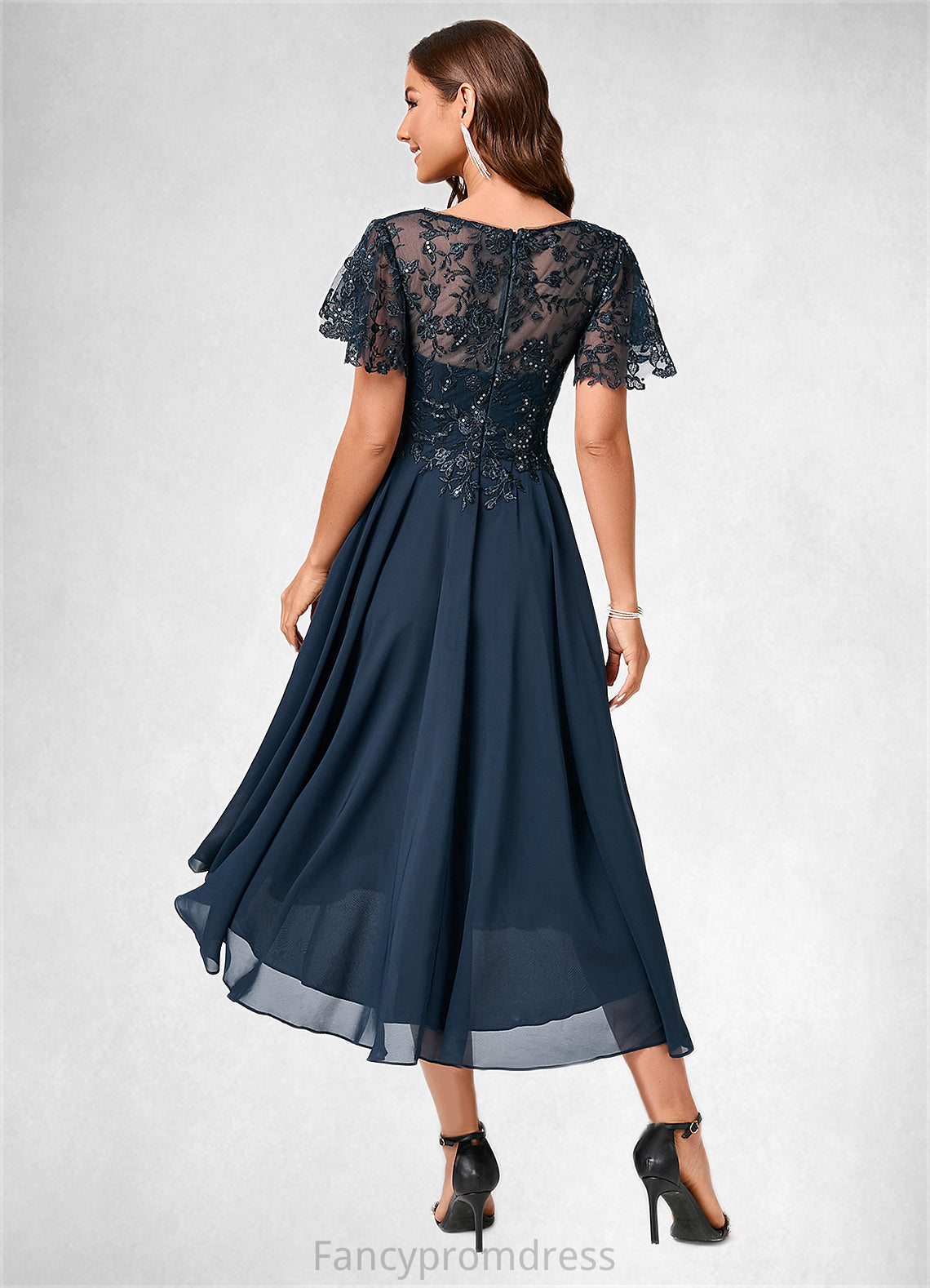 Lauretta A-line Asymmetrical Asymmetrical Chiffon Lace Cocktail Dress With Ruffle Sequins DRP0022235