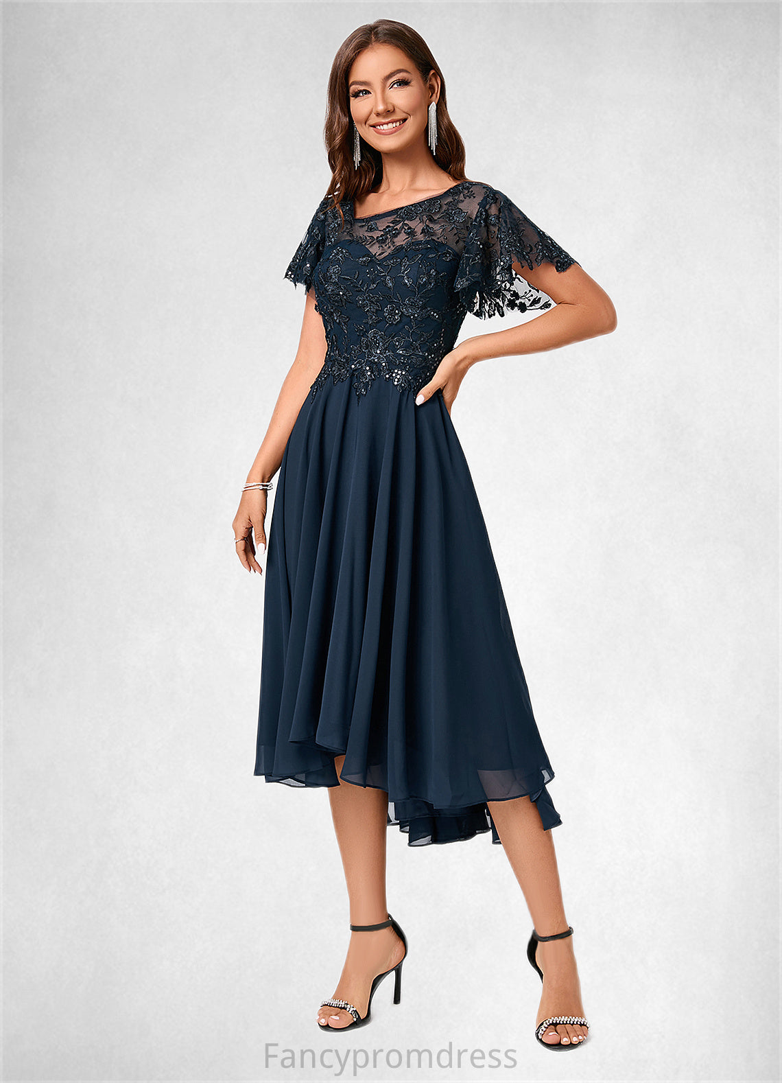 Lauretta A-line Asymmetrical Asymmetrical Chiffon Lace Cocktail Dress With Ruffle Sequins DRP0022235