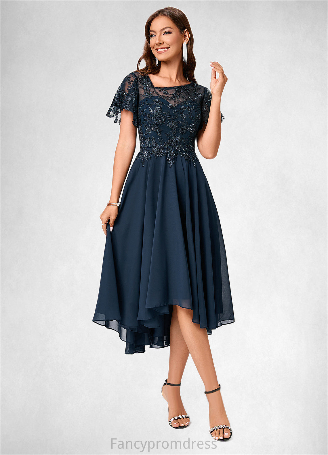 Lauretta A-line Asymmetrical Asymmetrical Chiffon Lace Cocktail Dress With Ruffle Sequins DRP0022235