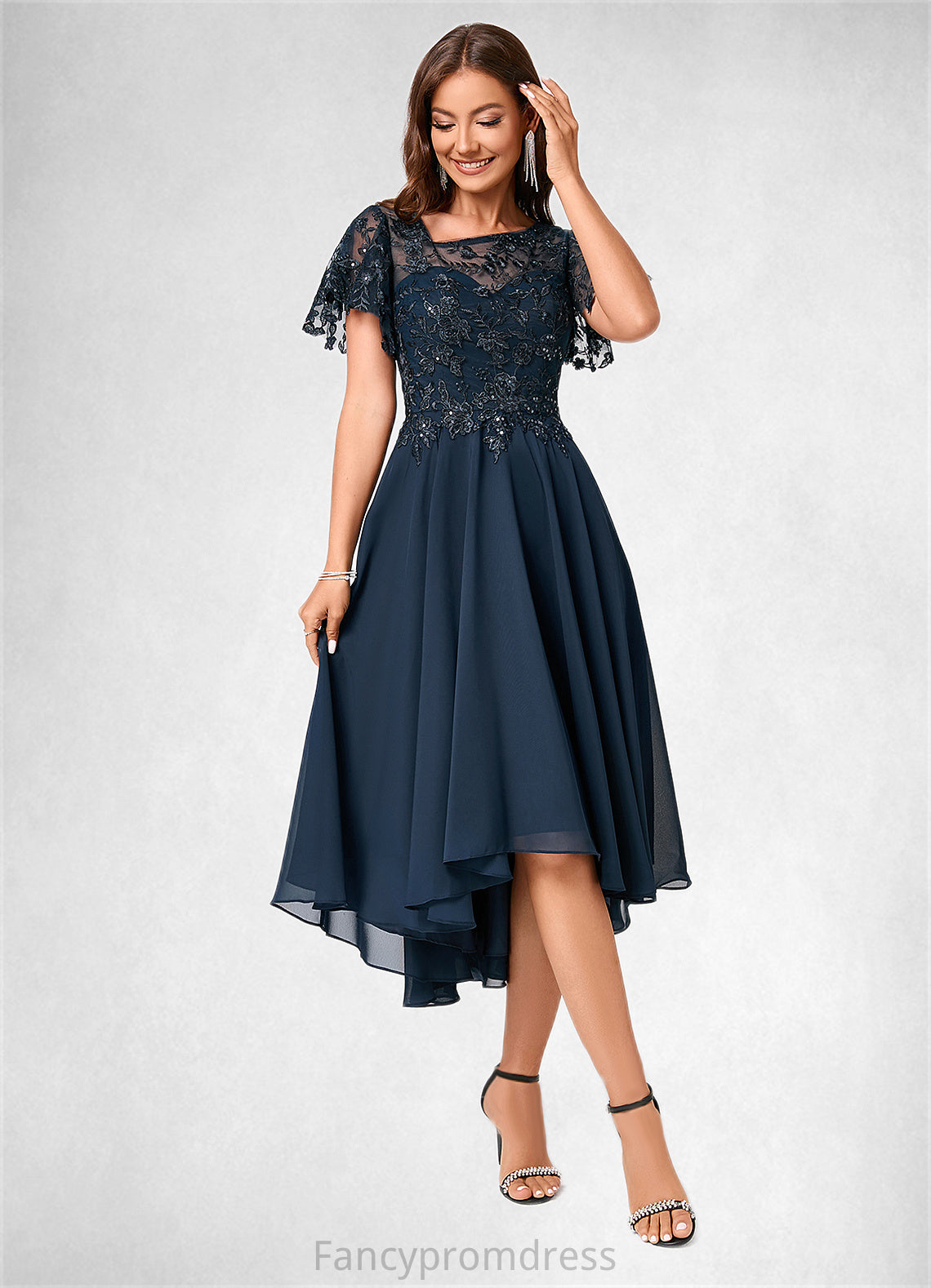 Lauretta A-line Asymmetrical Asymmetrical Chiffon Lace Cocktail Dress With Ruffle Sequins DRP0022235