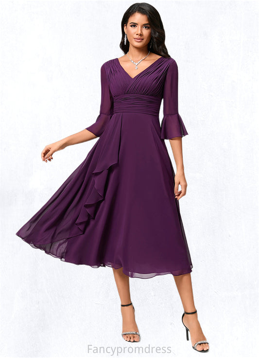 Lydia A-line V-Neck Tea-Length Chiffon Cocktail Dress With Ruffle DRP0022236