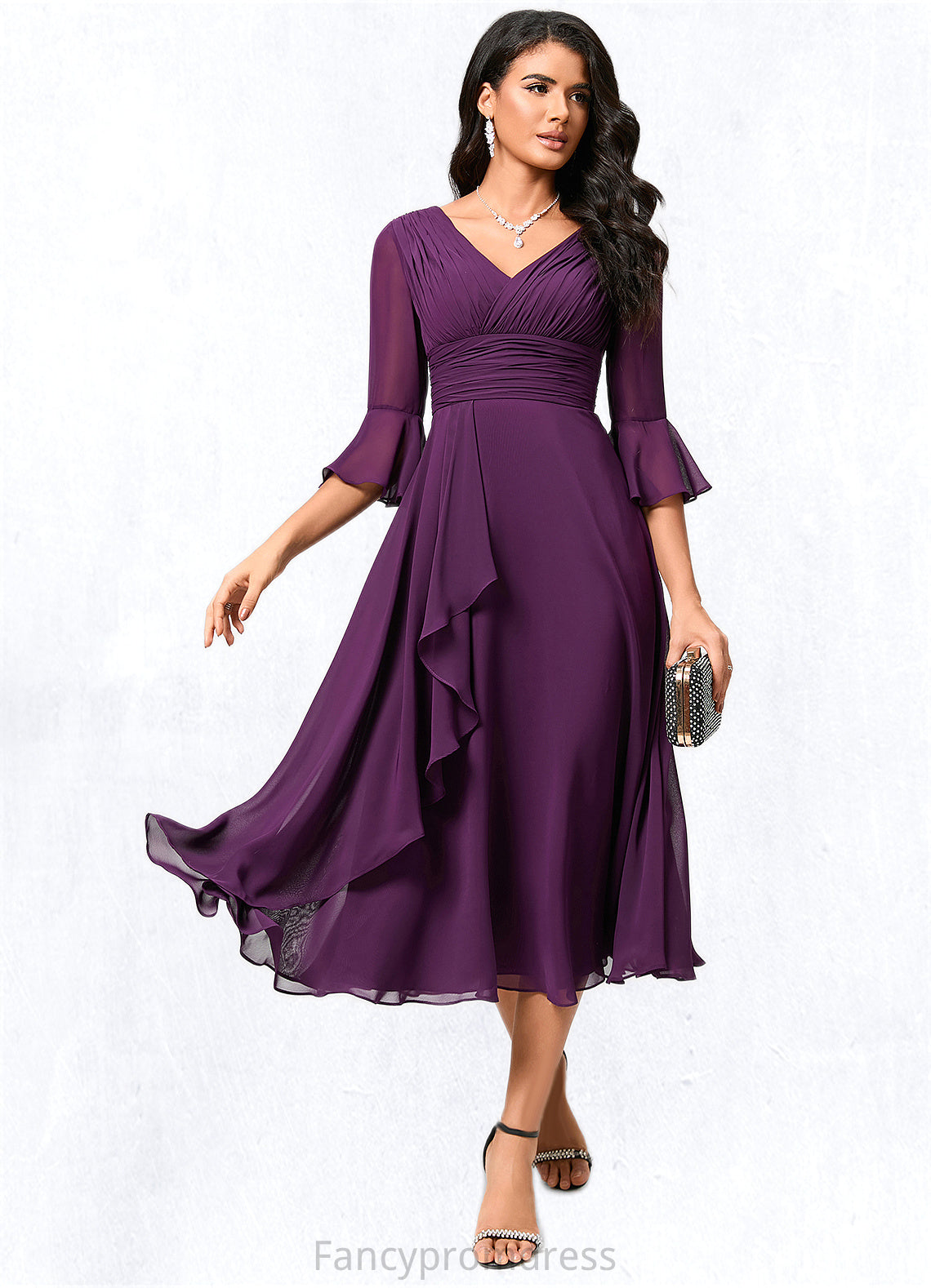 Lydia A-line V-Neck Tea-Length Chiffon Cocktail Dress With Ruffle DRP0022236