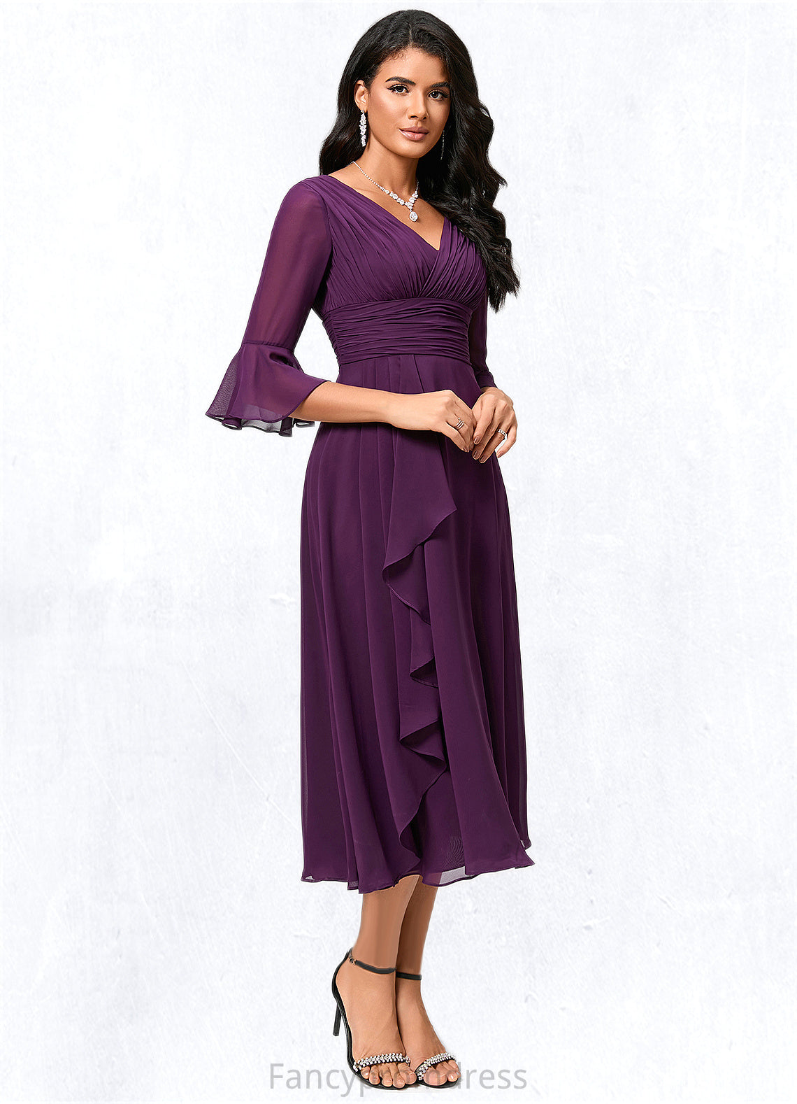 Lydia A-line V-Neck Tea-Length Chiffon Cocktail Dress With Ruffle DRP0022236