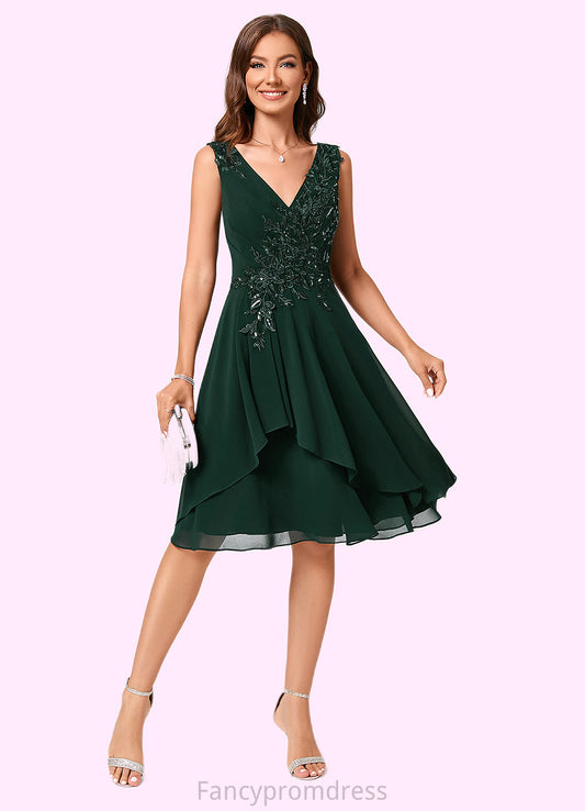 Harper A-line V-Neck Knee-Length Chiffon Lace Cocktail Dress With Appliques Lace Sequins DRP0022237