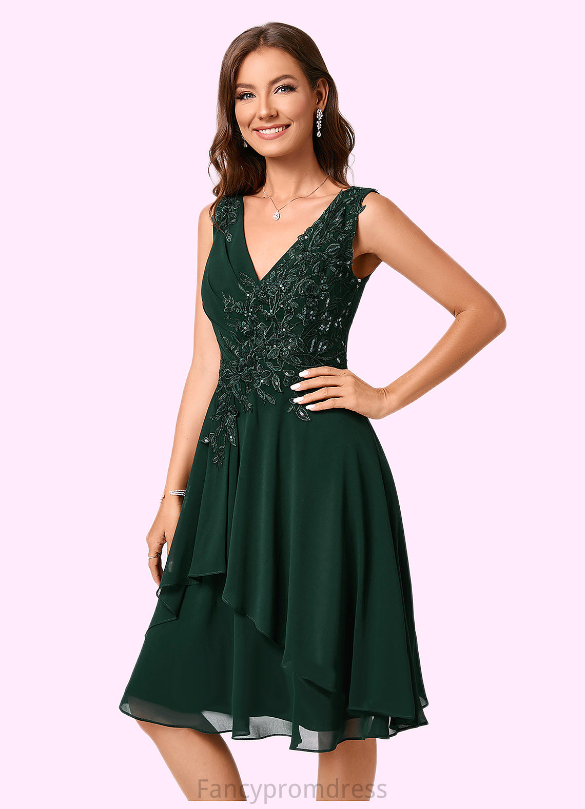 Harper A-line V-Neck Knee-Length Chiffon Lace Cocktail Dress With Appliques Lace Sequins DRP0022237