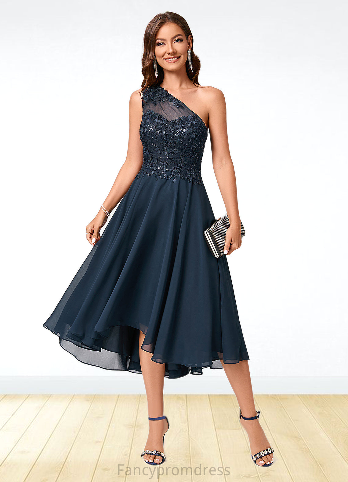 Anya A-line One Shoulder Asymmetrical Chiffon Lace Sequin Cocktail Dress With Sequins DRP0022245