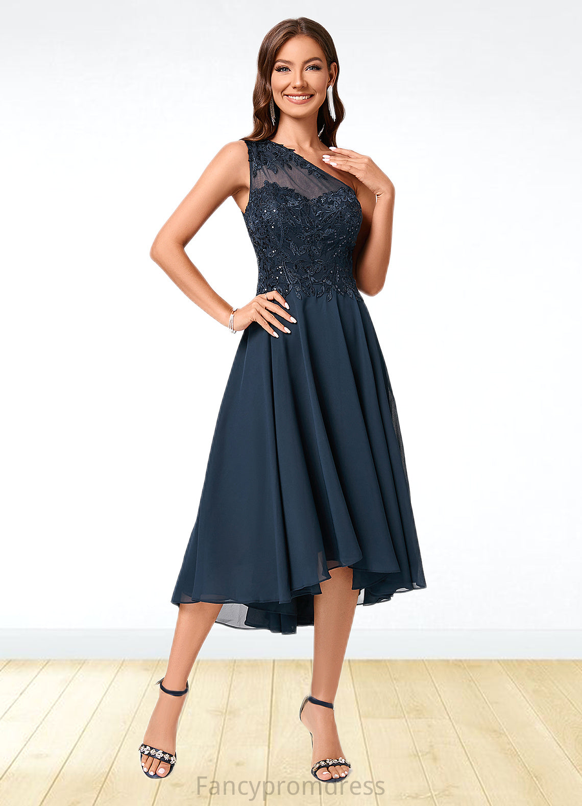 Anya A-line One Shoulder Asymmetrical Chiffon Lace Sequin Cocktail Dress With Sequins DRP0022245