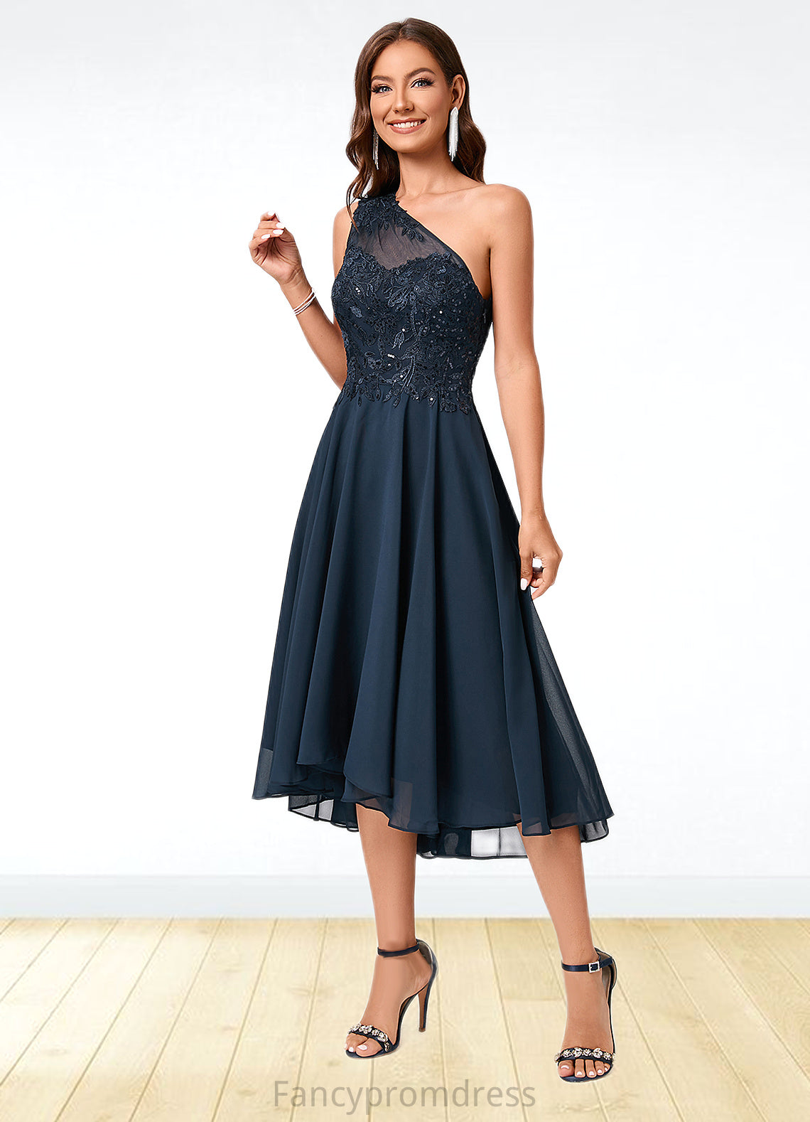 Anya A-line One Shoulder Asymmetrical Chiffon Lace Sequin Cocktail Dress With Sequins DRP0022245