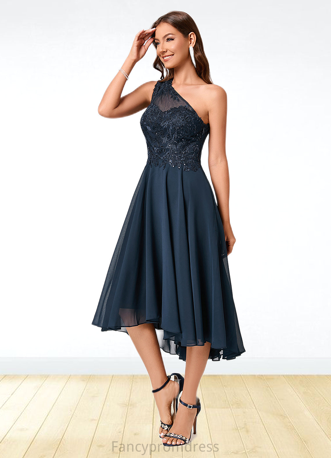 Anya A-line One Shoulder Asymmetrical Chiffon Lace Sequin Cocktail Dress With Sequins DRP0022245