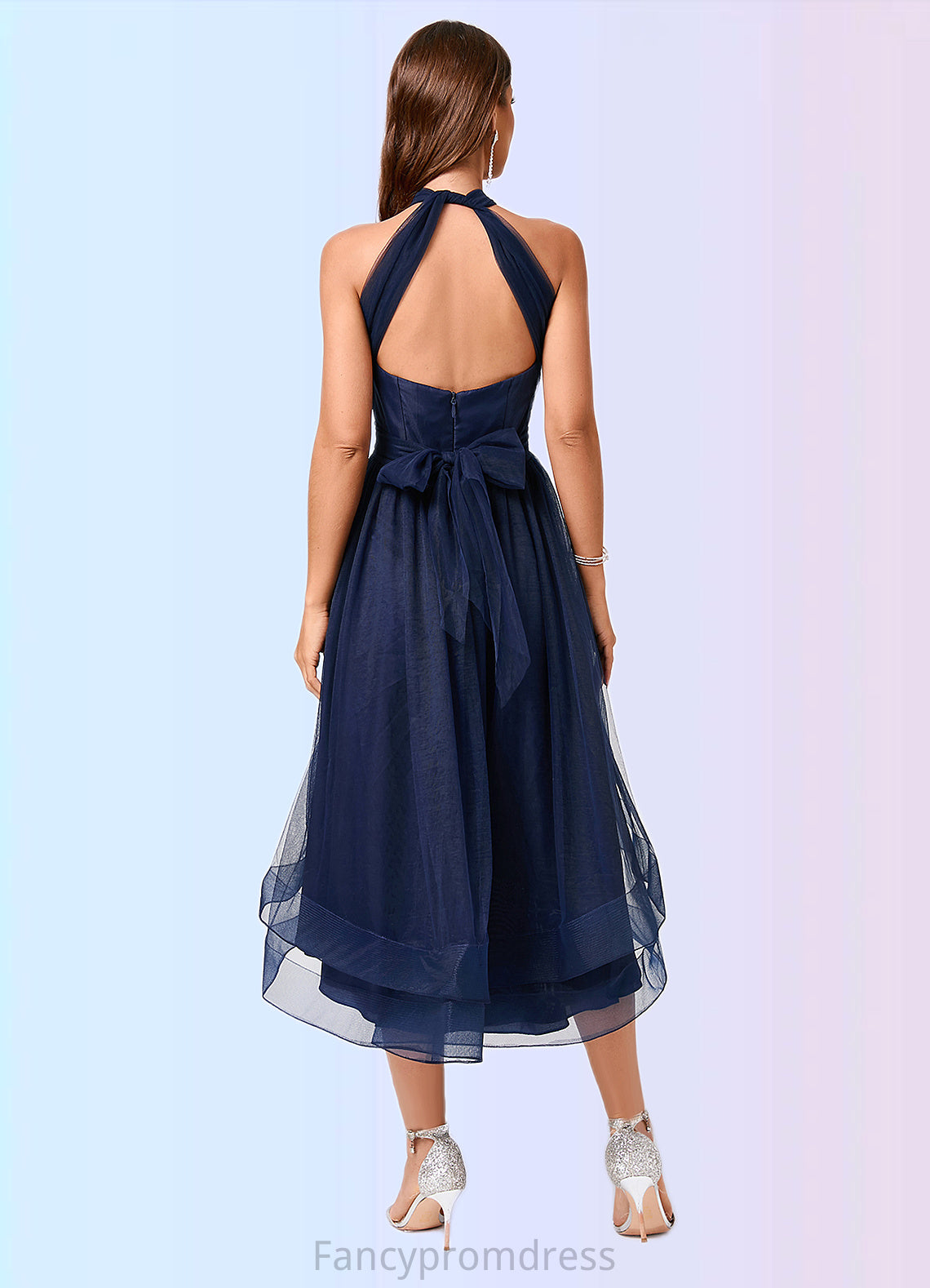 Isabel A-line Halter One Shoulder V-Neck Asymmetrical Tulle Cocktail Dress DRP0022254