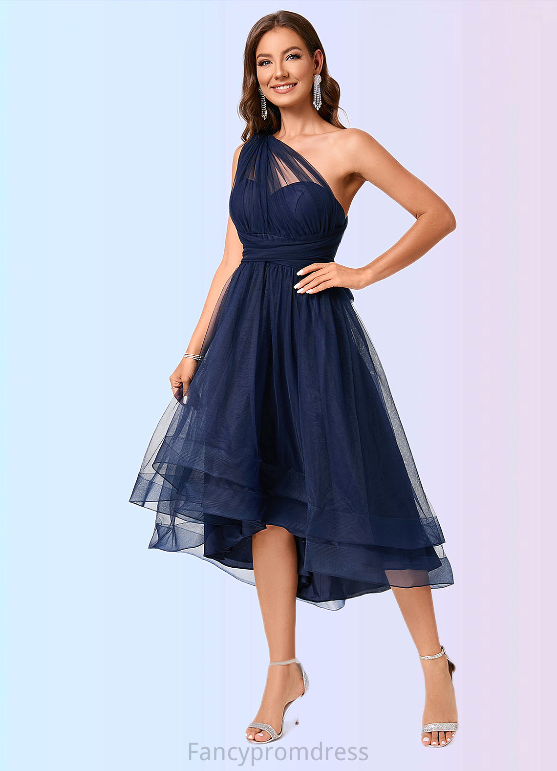 Isabel A-line Halter One Shoulder V-Neck Asymmetrical Tulle Cocktail Dress DRP0022254