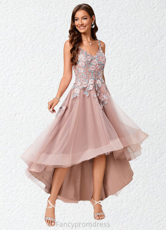 Arielle A-line Off the Shoulder Asymmetrical Lace Tulle Cocktail Dress With Flower DRP0022258