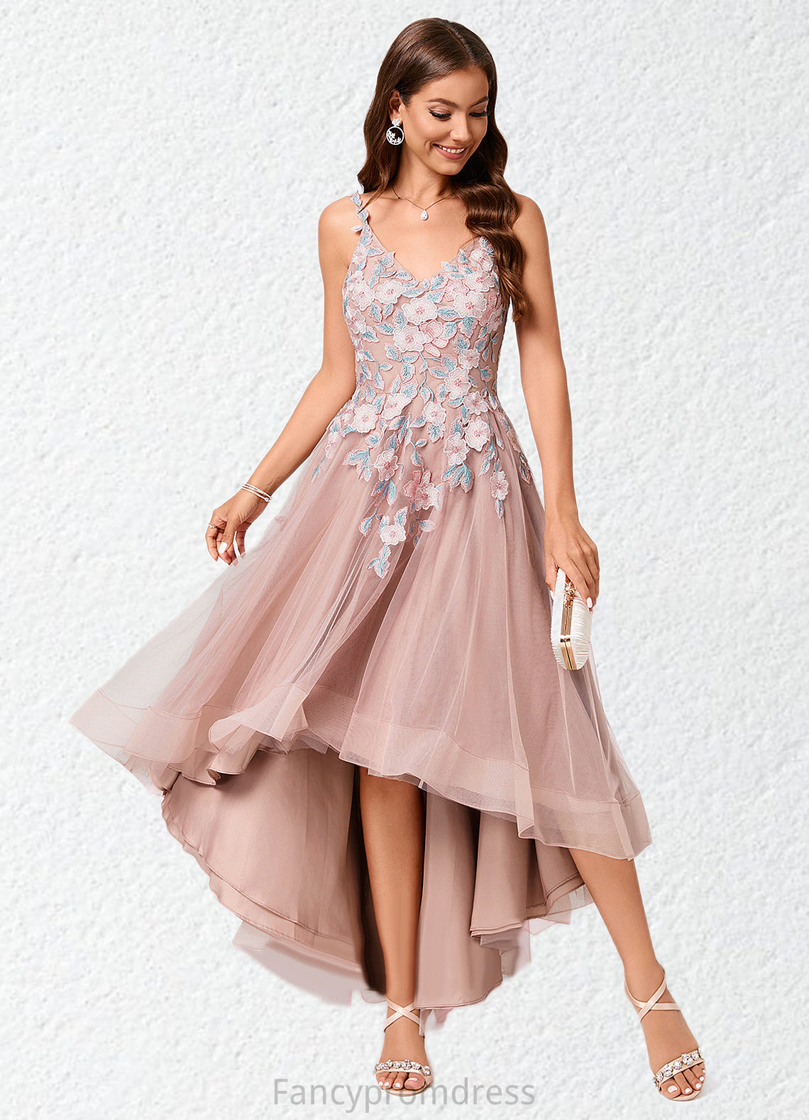 Arielle A-line Off the Shoulder Asymmetrical Lace Tulle Cocktail Dress With Flower DRP0022258