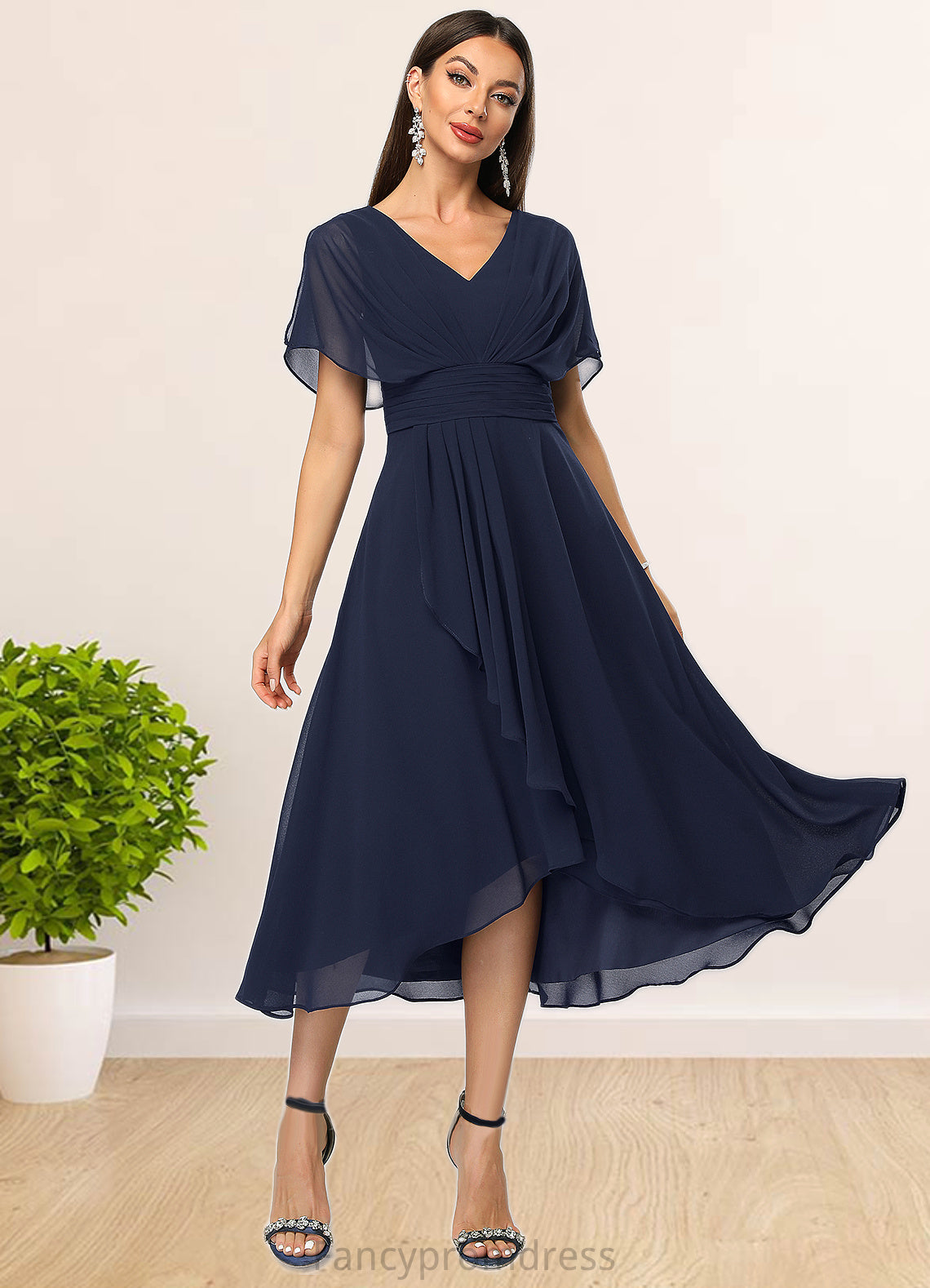 Payten A-line V-Neck Asymmetrical Chiffon Cocktail Dress With Cascading Ruffles DRP0022263