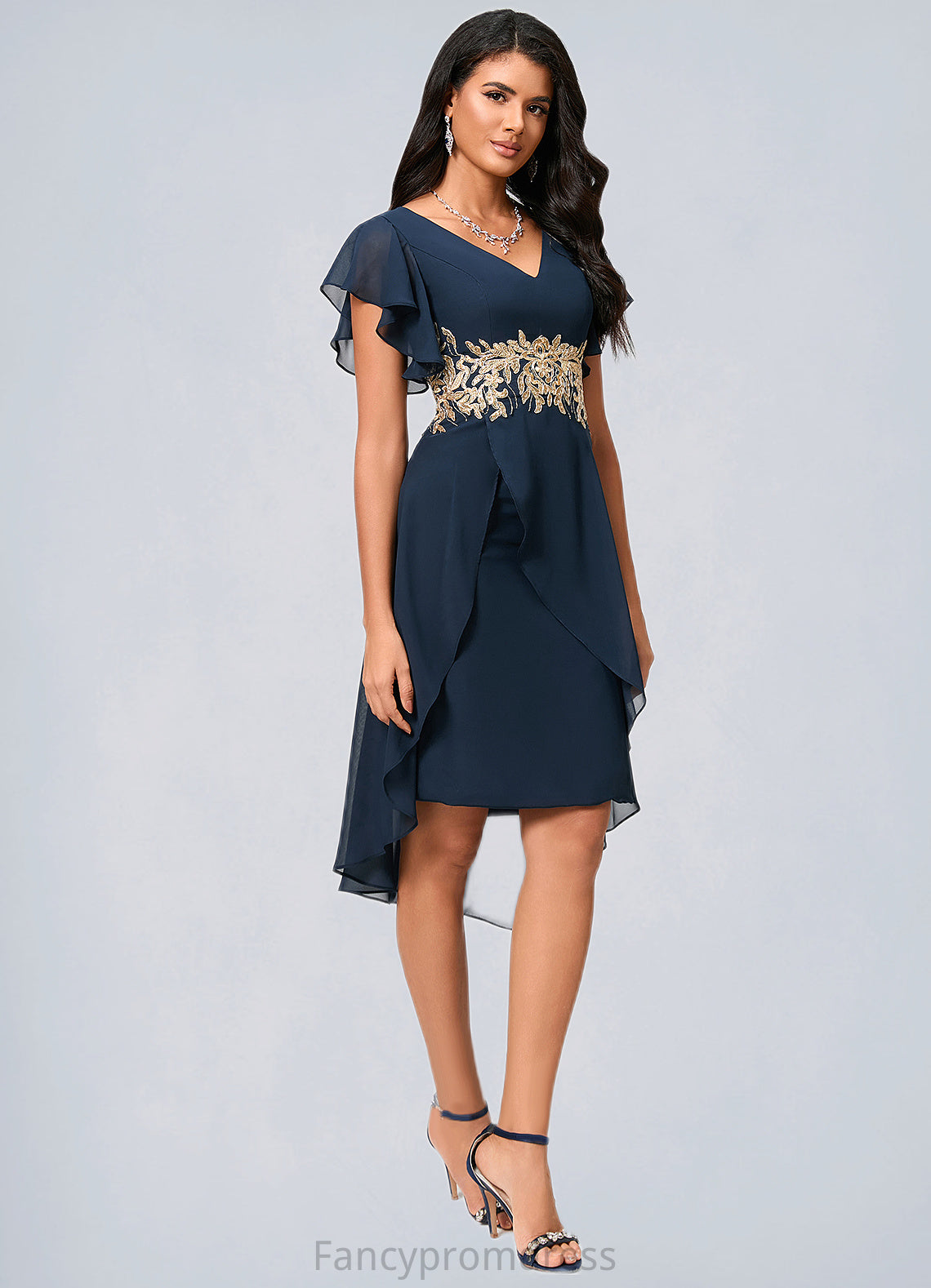 Jewel Sheath/Column V-Neck Asymmetrical Chiffon Lace Cocktail Dress With Appliques Lace DRP0022268