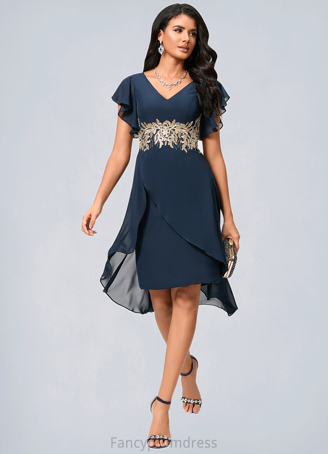 Jewel Sheath/Column V-Neck Asymmetrical Chiffon Lace Cocktail Dress With Appliques Lace DRP0022268