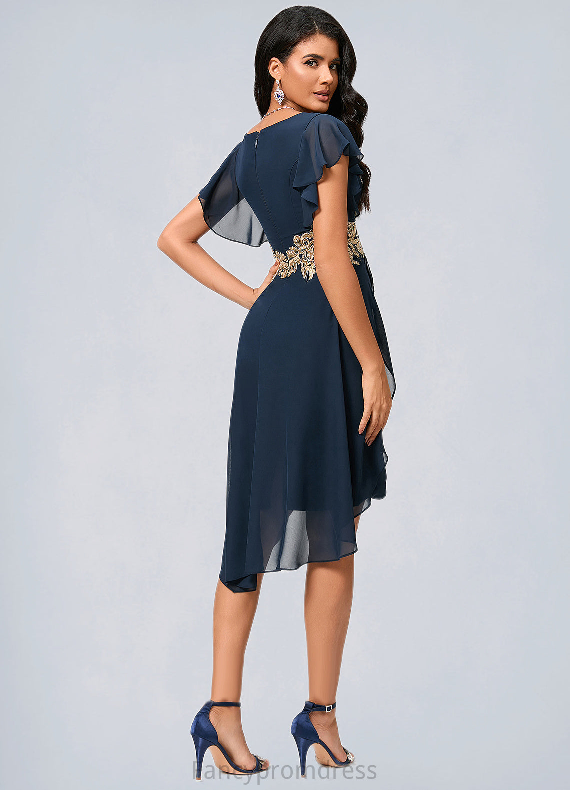 Jewel Sheath/Column V-Neck Asymmetrical Chiffon Lace Cocktail Dress With Appliques Lace DRP0022268