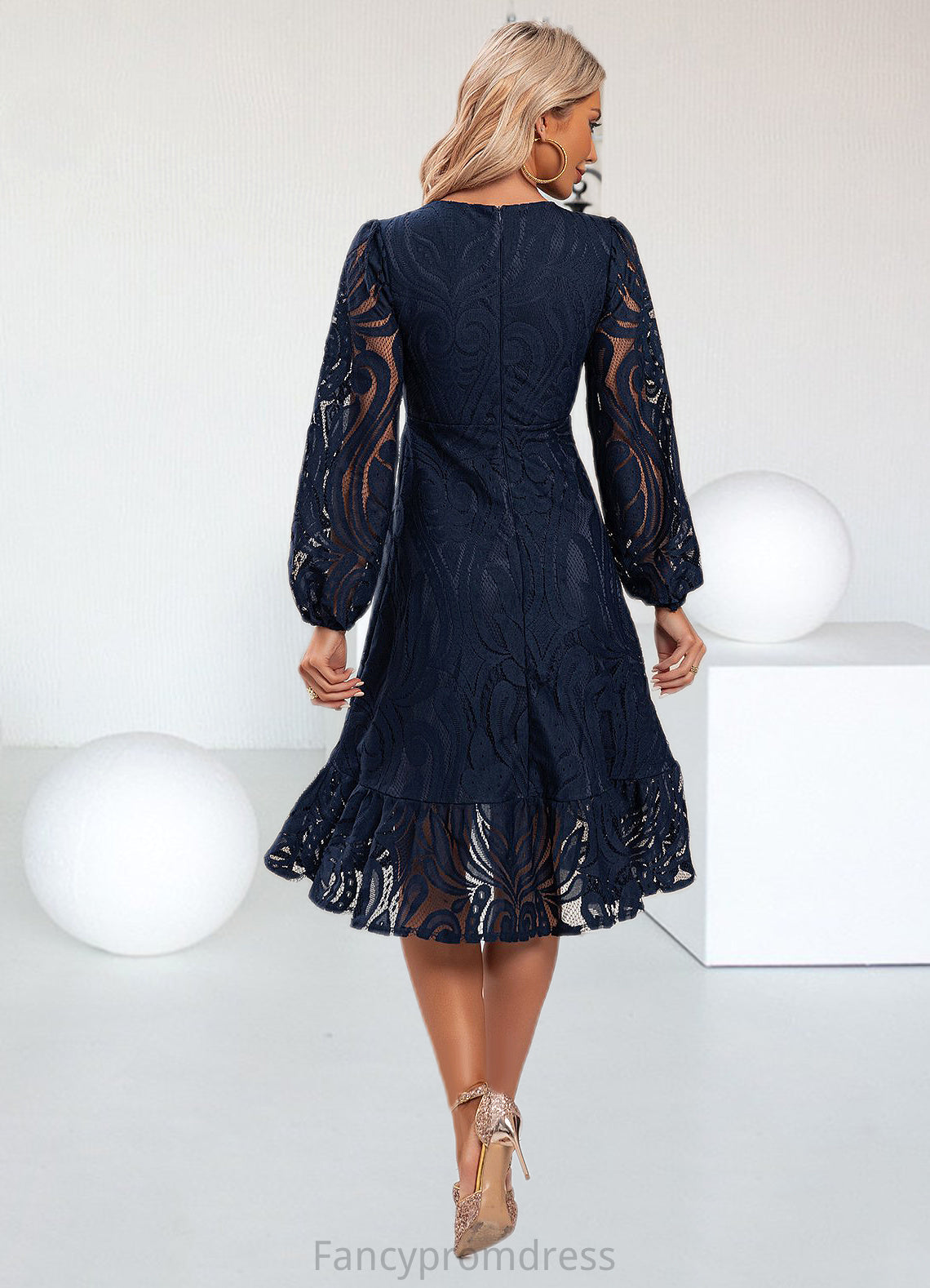 Princess Jacquard V-Neck Elegant A-line Lace Midi Dresses DRP0022269