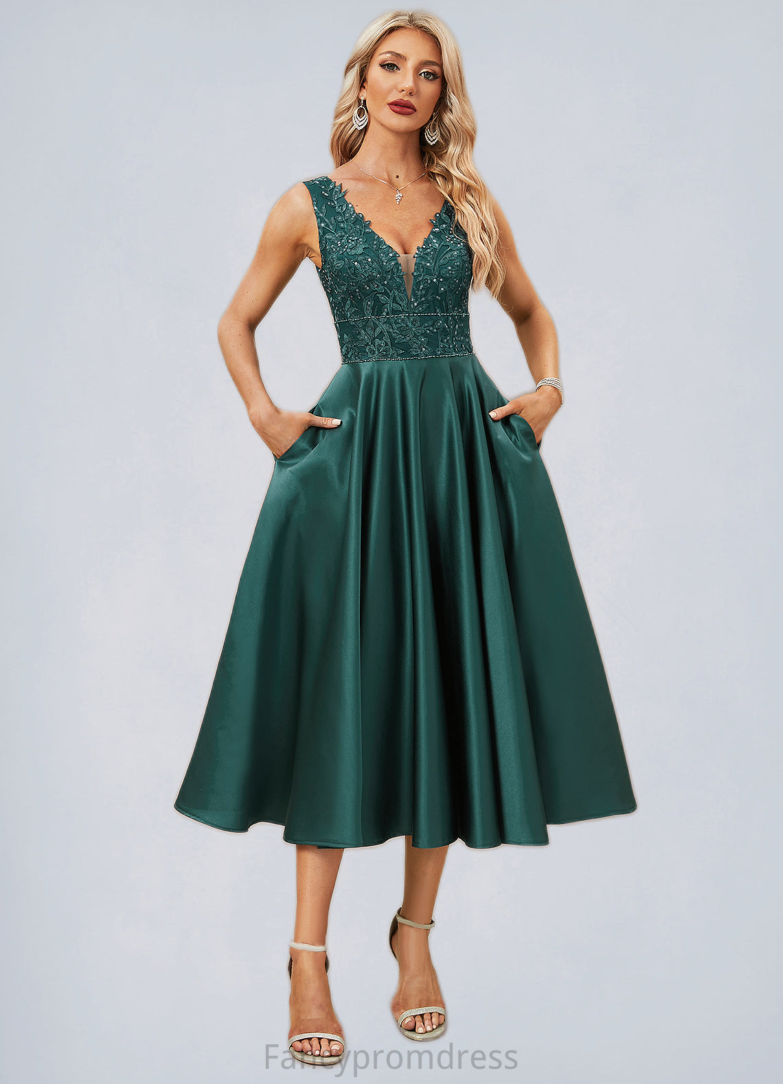 Mareli A-line V-Neck Tea-Length Lace Satin Evening Dress With Sequins DRP0022270